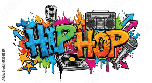 Colorful hip hop graffiti mural featuring musical DJ and microphone imagery.