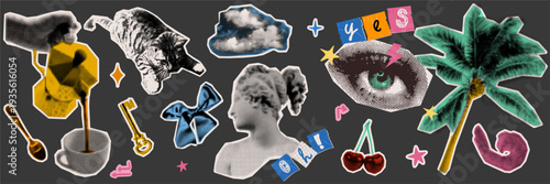 Surreal artistic collage in doodle sketch style. Abstract portrait and everyday object silhouettes for contemporary branding and textile pattern design.