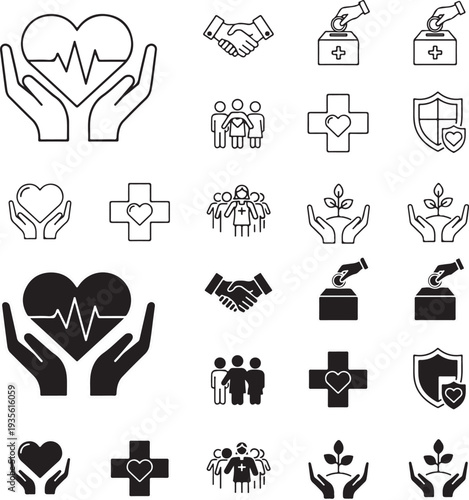 Humanitarian support line icon pack. Minimal outline symbols representing charity, donation, volunteering, partnership handshake and social assistance concepts. Editable stroke vector illustration.