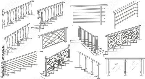 Collection of architectural railing designs and sketches.