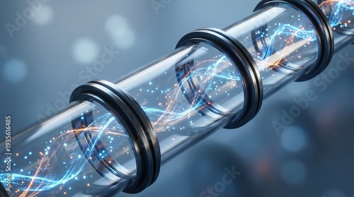 Abstract 3D render of high speed data transmission through a glass fiber optic pipe.