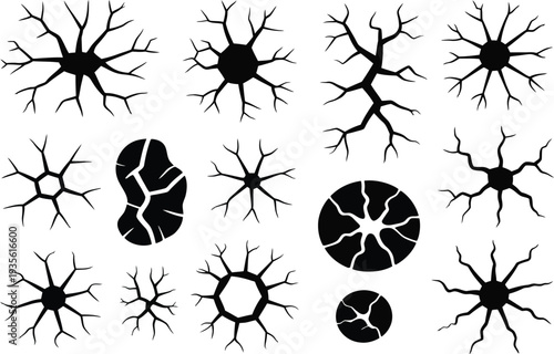 Neuron icon set with various black silhouette illustrations on a gray background