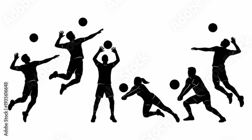 Volleyball Player Vector Silhouette Jump Serve Spike Action Pose with Ball Dynamic Sports Illustration Athletic Motion Graphic Icon Volleyball Vector Design for Team Competition