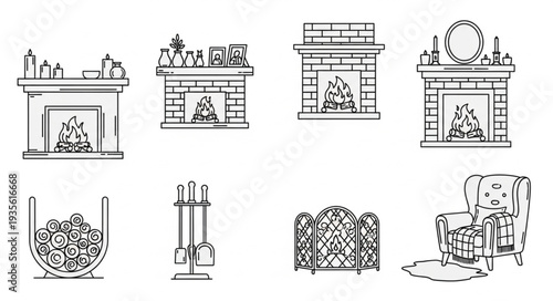 Collection of eight hand drawn fireplace illustrations in sketch style.