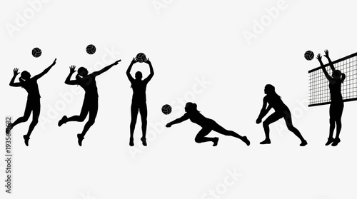 Volleyball Player Vector Silhouette Jump Serve Spike Action Pose with Ball Dynamic Sports Illustration Athletic Motion Graphic Icon Volleyball Vector Design for Team Competition