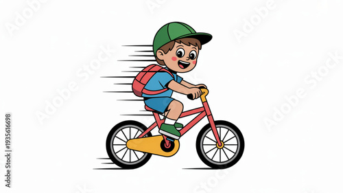 Happy child riding red bicycle with yellow pedal and green cap motion blur white background