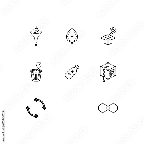 Circular economy and sustainable recycling linear icon set, zero waste management, product lifecycle and resource recovery vector symbols