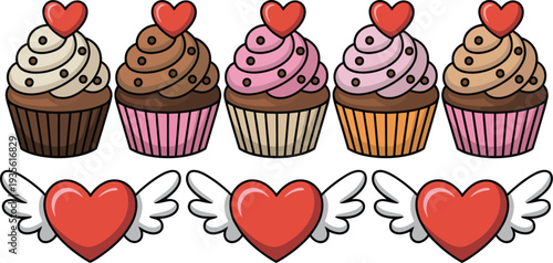 A heartwarming illustration of cupcake icons with sweet hearts and wings