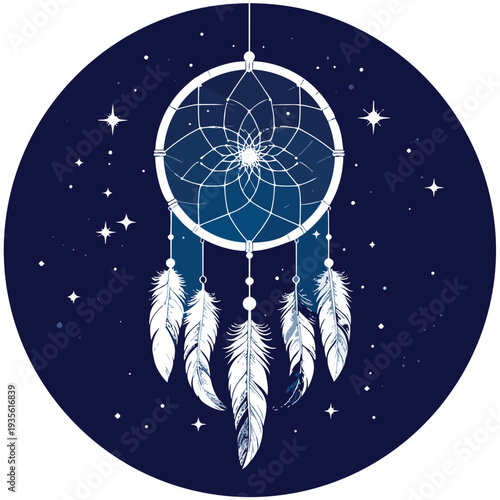 Dreamcatcher in the Night Sky: A detailed dreamcatcher hangs serenely against a deep blue night sky adorned with stars, evoking a sense of calm and protection. 