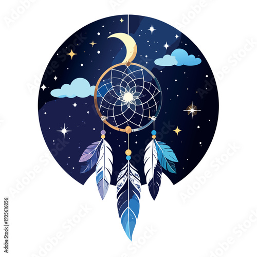 Celestial Dream Weaver: An intricately designed dreamcatcher suspended against a backdrop of a starlit night, illuminated by a crescent moon. It evokes feelings of serenity, spiritual connection.