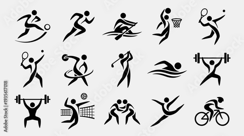 Sports Vector Icon Collection Featuring Tennis, Running, Rowing, Basketball, Golf, Swimming, Weightlifting, Volleyball, Wrestling, Gymnastics, Cycling Silhouette Athletic Motion Graphic Vector Designs