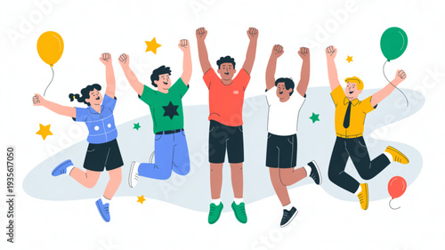 Diverse group of happy people jumping with arms raised in celebration with colorful balloons and stars on white background