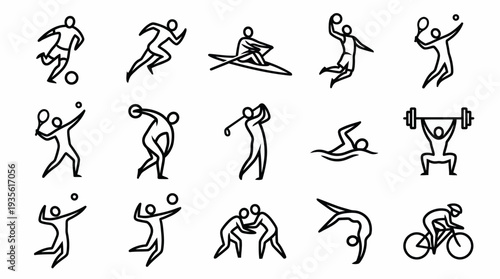Sports Vector Icon Collection Featuring Tennis, Running, Rowing, Basketball, Golf, Swimming, Weightlifting, Volleyball, Wrestling, Gymnastics, Cycling Silhouette Athletic Motion Graphic Vector Designs