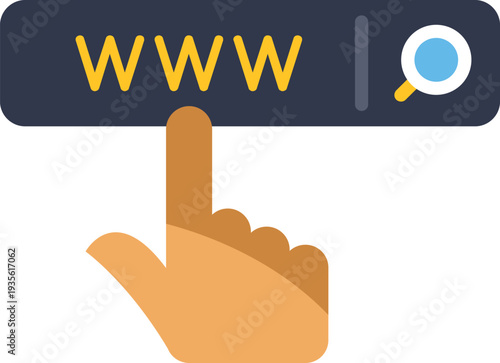 Hand pointing at the www text in an internet browser search bar