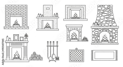 Collection of Hand Drawn Fireplace Illustrations.