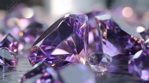 Close up of sparkling purple gemstones reflecting light and brilliance