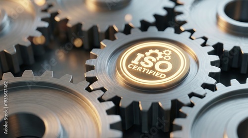 ISO certified quality management concept with glowing text on industrial metal gears.