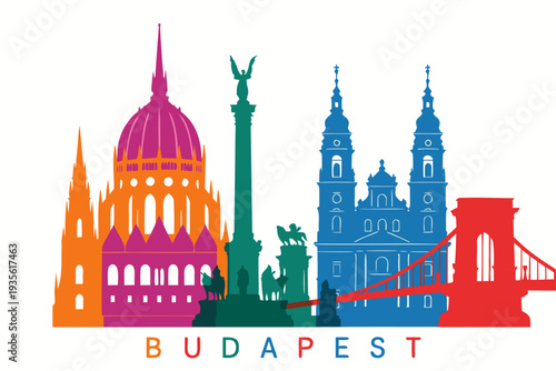 Vibrant Budapest cityscape with iconic landmarks in colorful silhouette