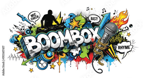 Colorful graffiti boombox street art with microphone, speakers, and musical elements.