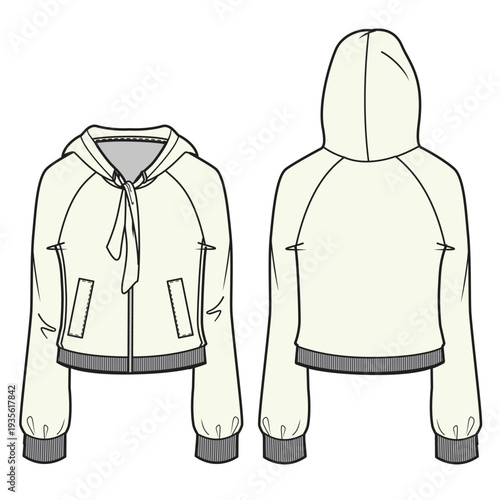 Girls raglan sleeve hoodies flat sketch vector mockup template technical illustration.