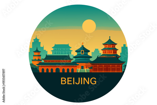 A vibrant illustration of Beijing's iconic skyline in a circular design
