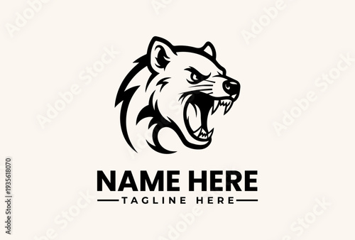 A black and white vector illustration of a snarling bear's head logo with sharp teeth on a beige background, accompanied by placeholder text for a name and tagline in a modern graphic