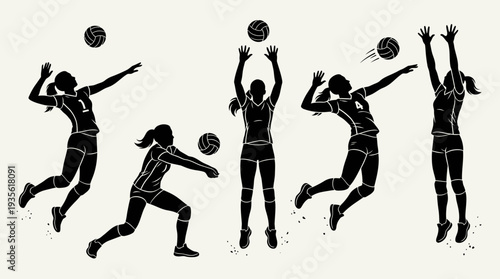 Volleyball Player Vector Silhouette Jump Serve Spike Action Pose with Ball Dynamic Sports Illustration Athletic Motion Graphic Icon Volleyball Vector Design for Team Competition
