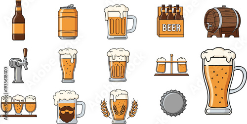 Beer icons collection, brewing symbols, beer bottle, beer can, frothy mug, barrel, tap dispenser, glass, six-pack, beer culture