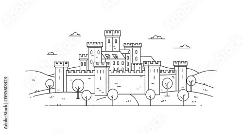 Minimalist line art illustration of a medieval castle on green hills