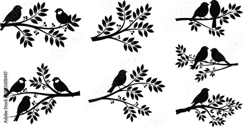 songbird silhouettes on leafy branches collection, perched birds couple wildlife vector illustration, black avian nature decorative design set