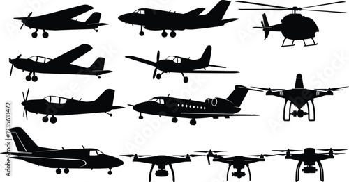 Aircraft silhouettes collection, airplanes, helicopters, drones, aviation design, flying machines, aeronautical shapes, transportation, flight technology, aerial vehicles, aviation industry