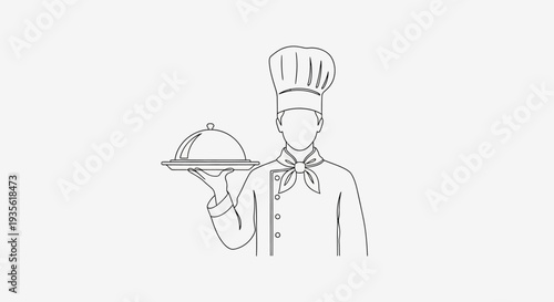 Minimalist line art illustration of chef holding serving cloche