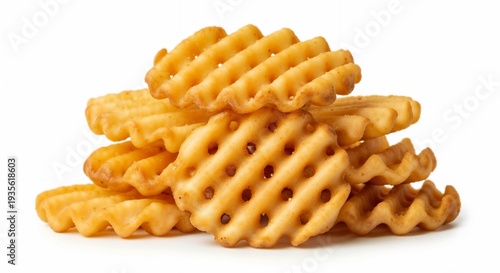 Stack of golden crispy waffle fries isolated on a clean white background, showcasing tempting texture