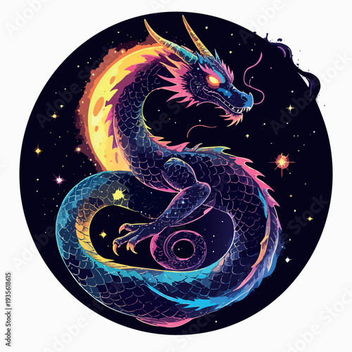 Cosmic Dragon: A majestic dragon emerges from a starlit realm, with the vibrant colors of the cosmos adorning its scales, radiating an aura of fantasy and wonder.