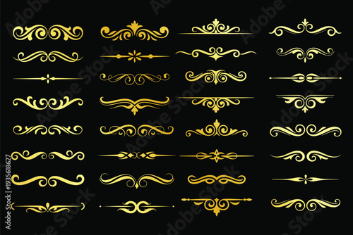 Collection of elegant golden ornate swirl design elements and dividers on black background