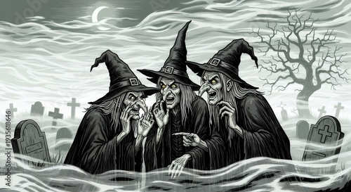 Three wicked women witches with pointed hats talking loudly in a spooky graveyard at night. Scary Halloween scene background for creepy party invitation.