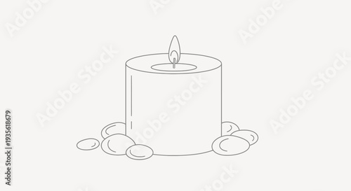 Minimalist outline drawing of a burning candle and smooth pebbles