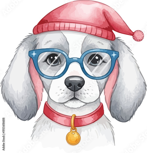 A cute dog wearing a pink hat and blue glasses with a red collar