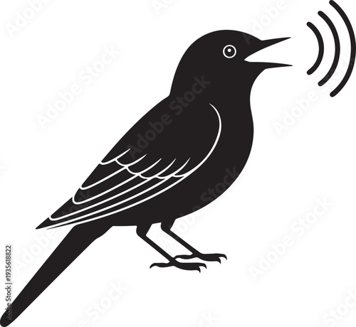 Black Silhouette Nightingale Bird Icon Chirping with Sound Waves - Minimalist Graphic