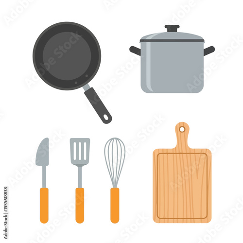 Kitchen utensils and cookware arranged neatly on a clean surface from a top-down viewpoint