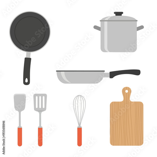 Assorted kitchen utensils and cookware displayed on a clean white background from a straightforward viewpoint