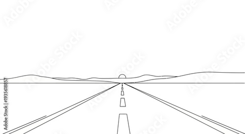 Minimalist road stretching to horizon with sun rising or setting