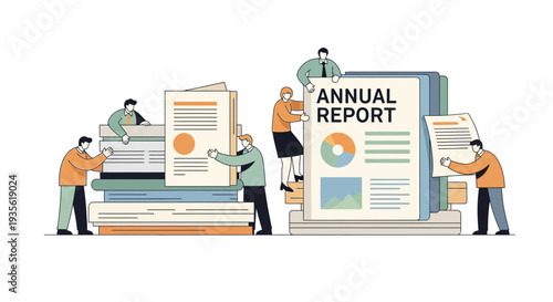 Business team collaborating on an annual report, analyzing data and charts