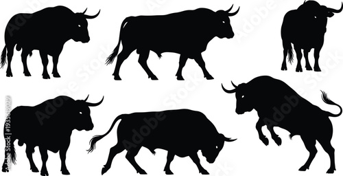 Bull silhouettes collection, powerful animal, muscular build, horns, standing pose, dynamic movement, rearing bull, strength symbol, cultural icon, sports mascot