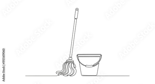Mop and bucket continuous line art cleaning tools icon