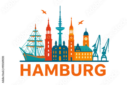 A vibrant vector graphic illustration of Hamburg's city skyline with iconic landmarks