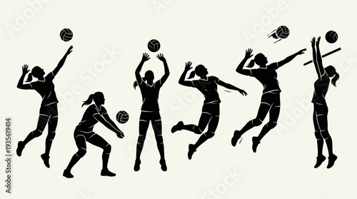 Volleyball Player Vector Silhouette Jump Serve Spike Action Pose with Ball Dynamic Sports Illustration Athletic Motion Graphic Icon Volleyball Vector Design for Team Competition