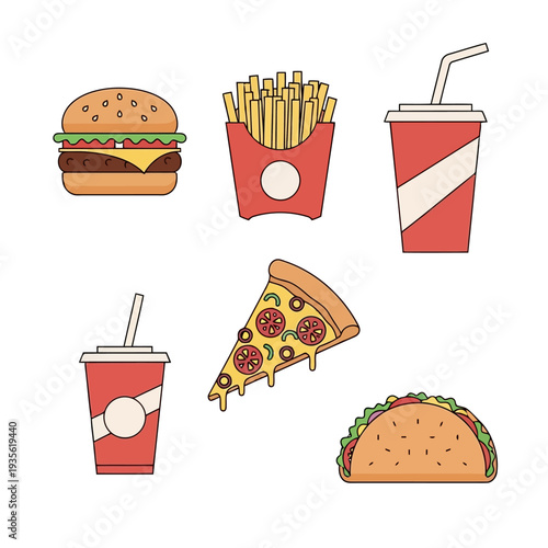 Assorted fast food items including burgers, fries, pizza, and drinks arranged neatly from a top-down viewpoint