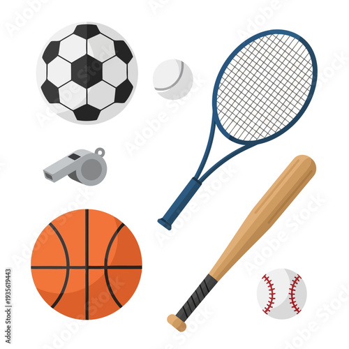 Assorted sports equipment including soccer ball, basketball, baseball bat, tennis racket, and whistle arranged together on a plain background from a straightforward viewpoint