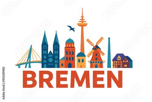 A colorful vector graphic illustration of the Bremen city skyline